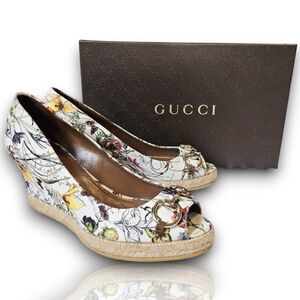 Gucci | Floral Canvas & Horsebit Peep Toe Wedge Espadrilles w/ Box, EU 36/US 5.5